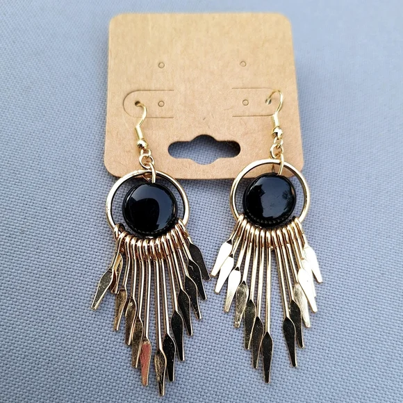 GOLDTONE AND BLACK BEADED TASSEL EARRINGS - Picture 2 of 3